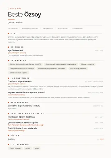 Çocuk Gelişimi Bölümü CV Örnekleri cv indir